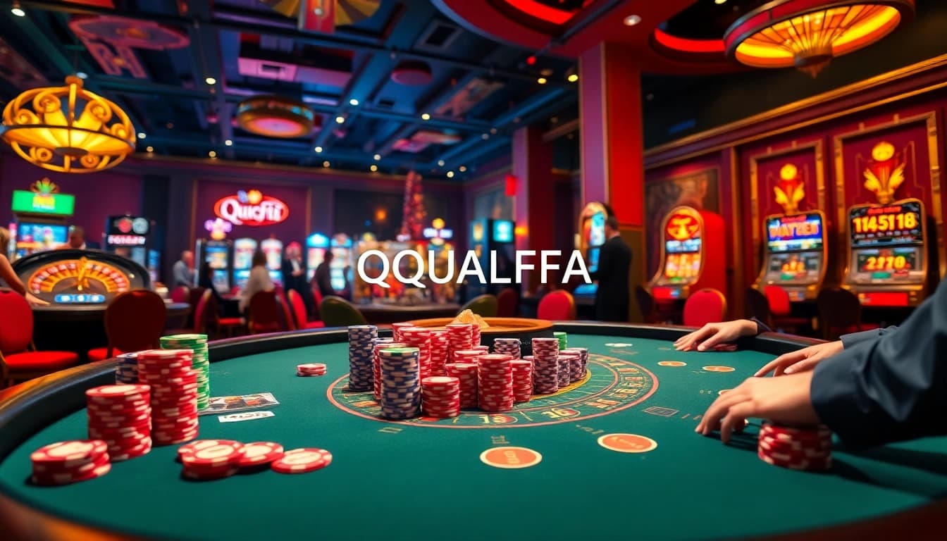 Experience the excitement of winning at QQALFA with vibrant casino tables, poker chips, and thrilling games.