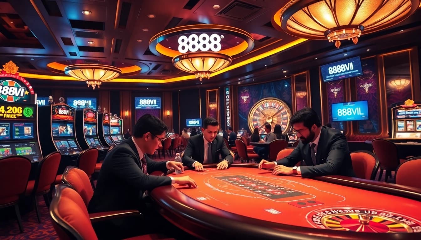 Experience the excitement at 888VI casino with players at a poker table surrounded by vibrant slot machines.