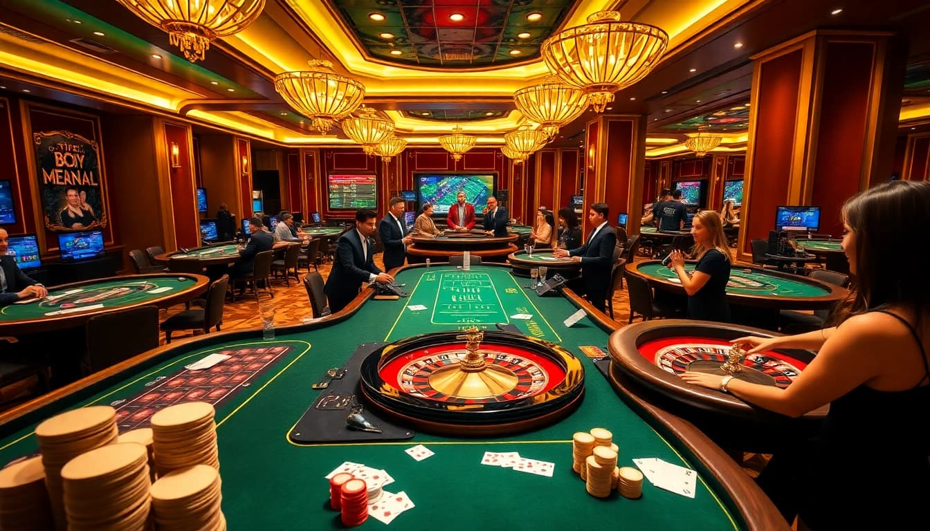 Players enjoying thrilling games at 11WIN casino with poker chips and roulette wheels.