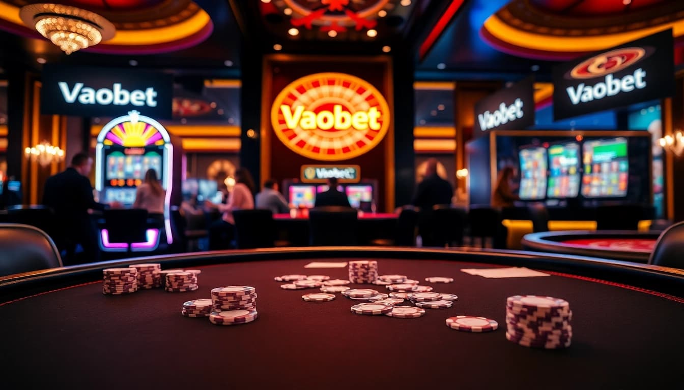 Experience thrilling gameplay at Vaobet with elegant poker tables and vibrant slot machines.