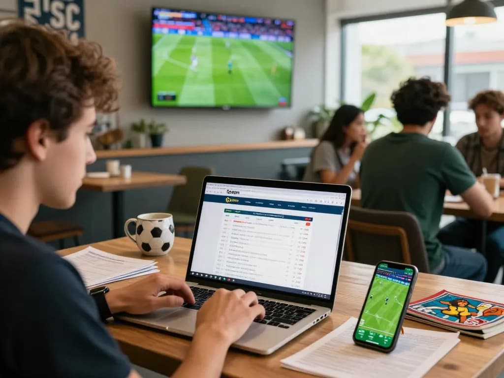 Engaged user exploring the 1gom website for accurate betting odds in a lively café.