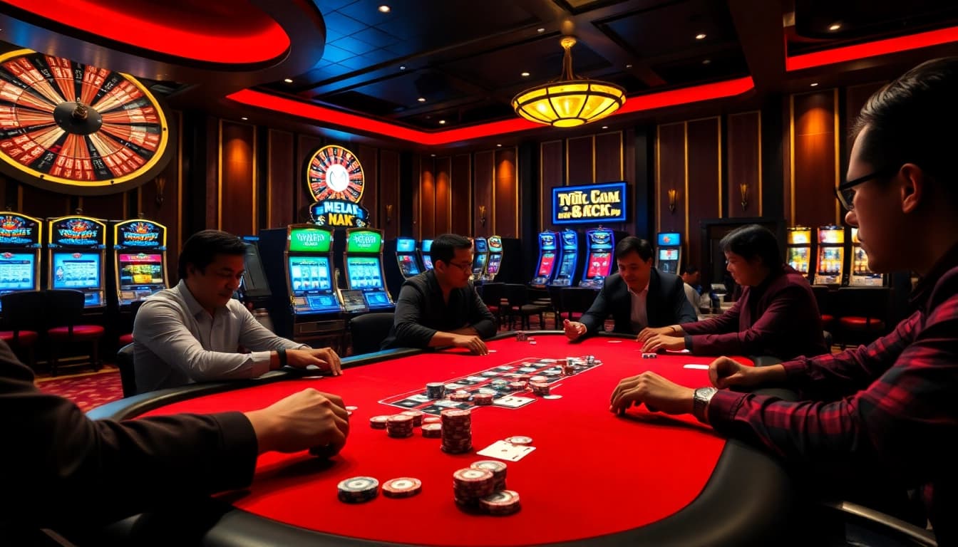 Immerse in a luxurious casino scene highlighting tỷ lệ nhà cái with poker action and roulette excitement.
