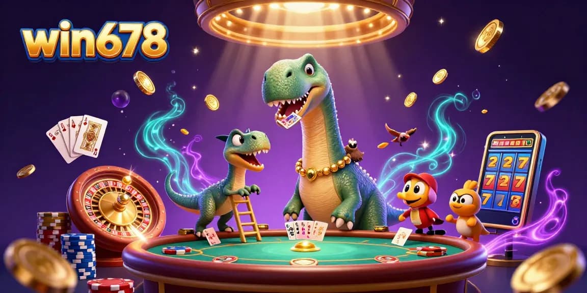 Experience thrilling gameplay at win678 with a dazzling 3D casino scene featuring iconic characters and vibrant gambling elements.