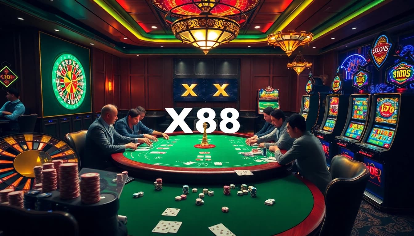 X88 casino players engaging at a poker table amidst vibrant slot machines and roulette excitement.