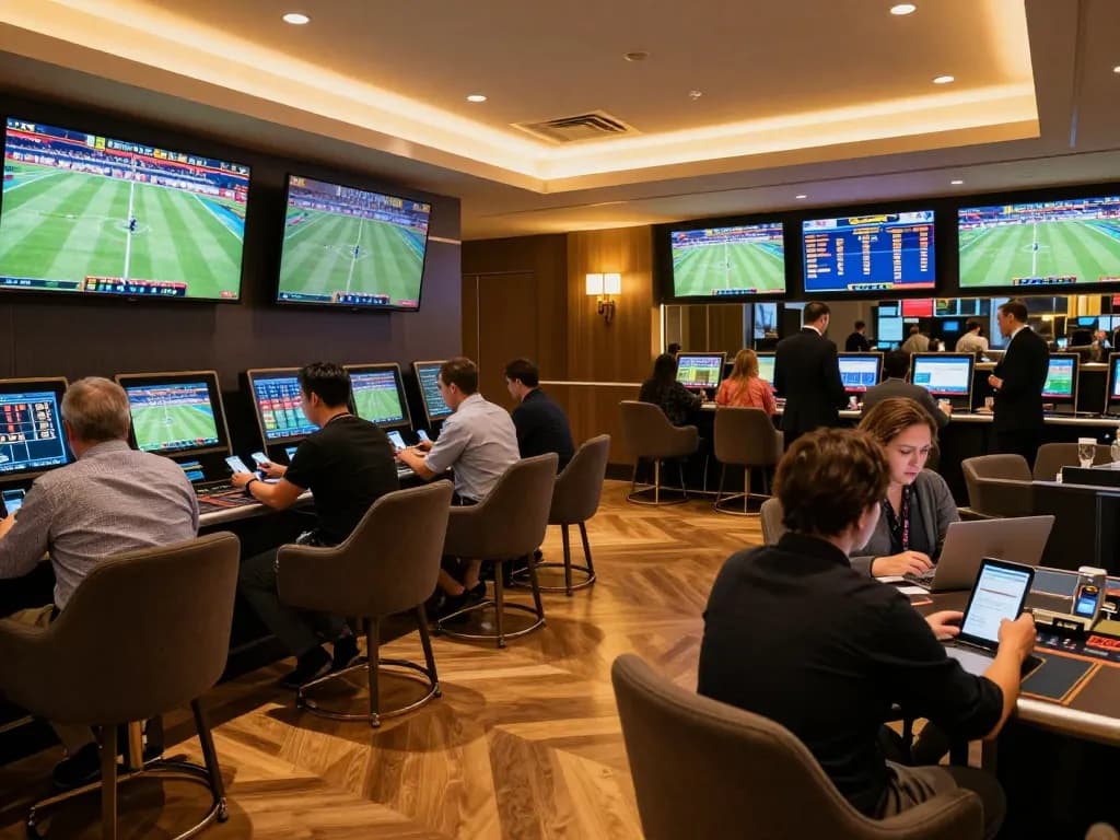 Excited patrons at O8 engaging with sports betting screens and mobile apps, showcasing the lively betting atmosphere.