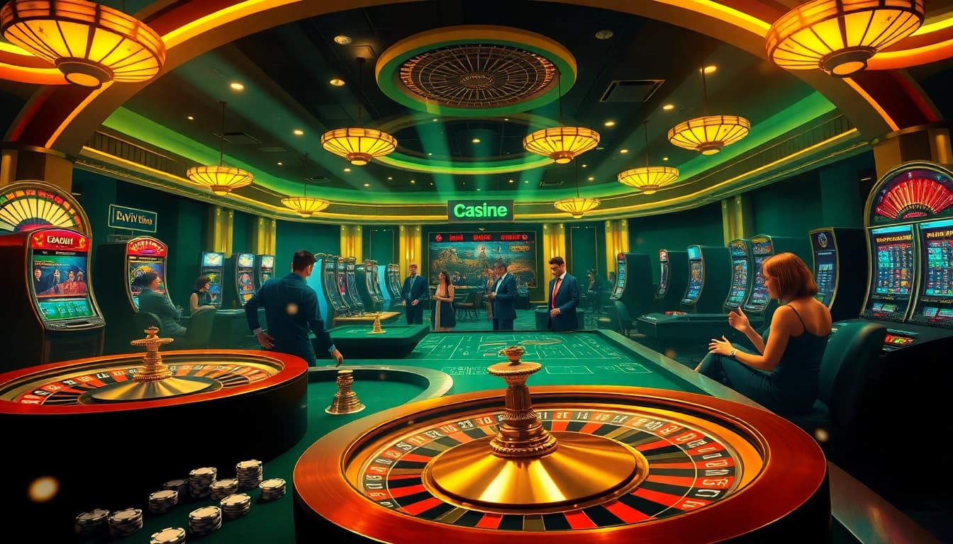 A thrilling casino game scene showcasing excitement and strategy linking to https://winvn.wiki with poker chips and roulette wheel.
