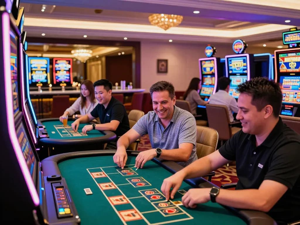 Exciting casino atmosphere at 789Win with players engaged in various games, showcasing vibrant decor and energy.