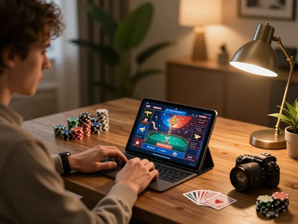 Playing poker online at rr88 with a tablet, cozy home gaming atmosphere and strategic focus