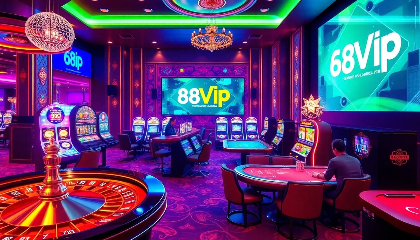 A lively gaming scene at 68VIP with poker tables, a roulette wheel, and slot machines.
