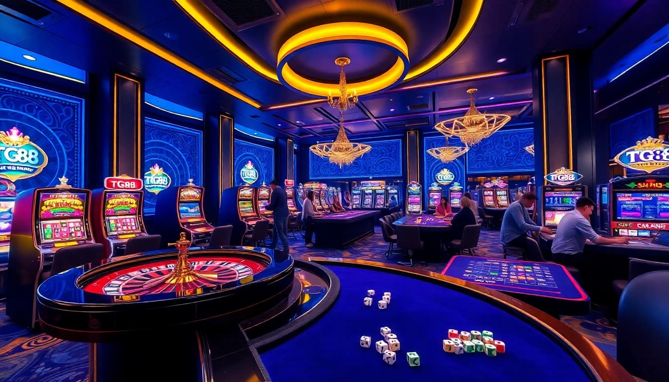 Experience high-stakes excitement at TG88's sophisticated gaming area with vibrant roulette and slots.