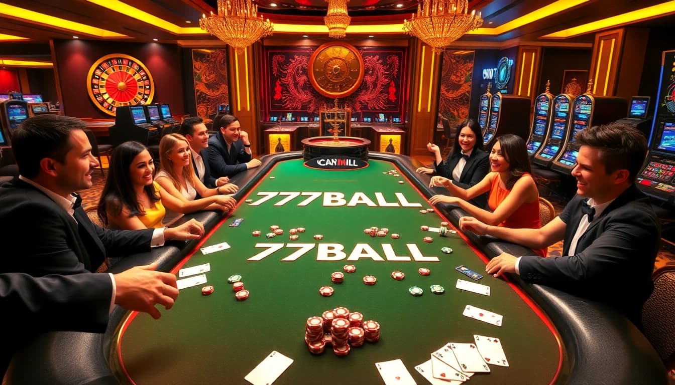 Excited players enjoying a game at the 77BALL casino table with vibrant chips and cards.