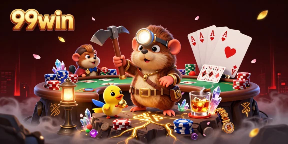 Experience thrilling action at 99win with a mole and canary in a vibrant casino scene.