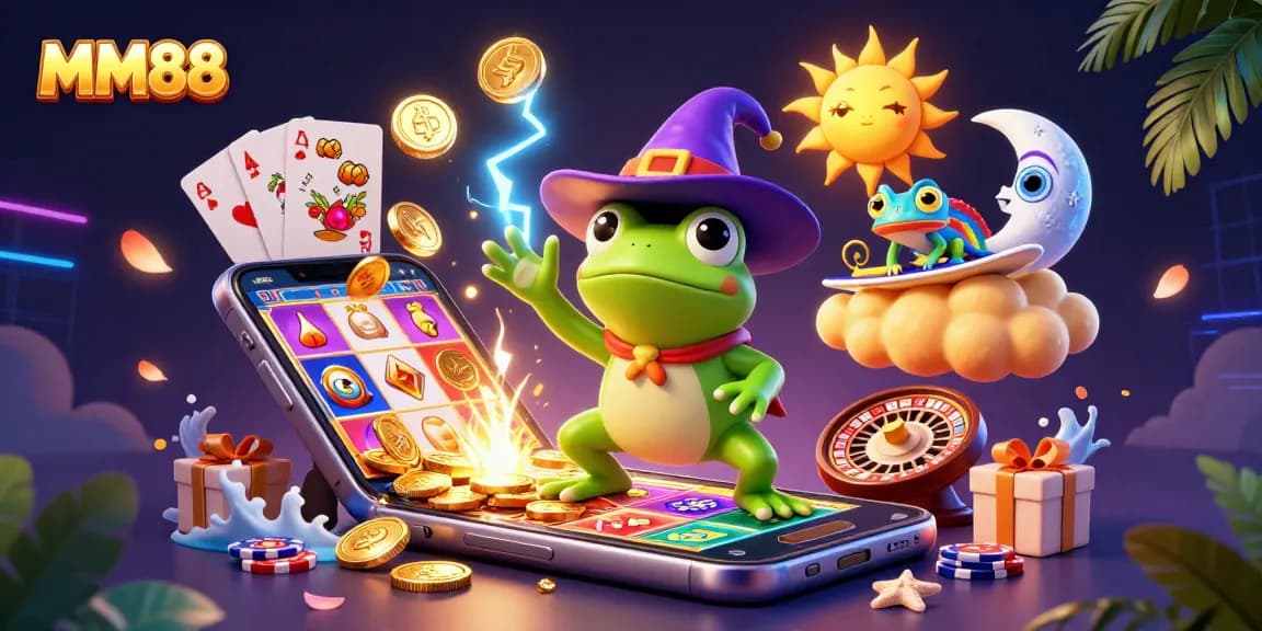Experience the thrill of MM88 with a vibrant casino scene filled with gold coins, playful characters, and dynamic gaming elements.