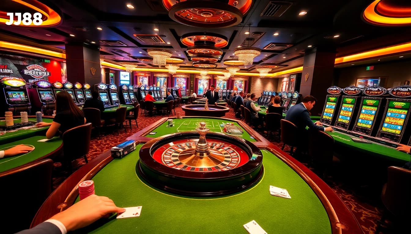 Exciting gaming action at https://bj88h.org/ with vibrant poker tables and colorful chips.