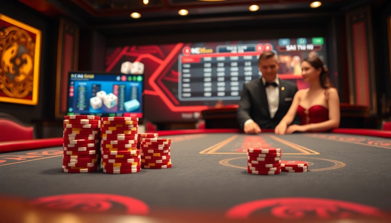Tài xỉu md5 gaming table set up with dice and chips, capturing the excitement of online gambling.