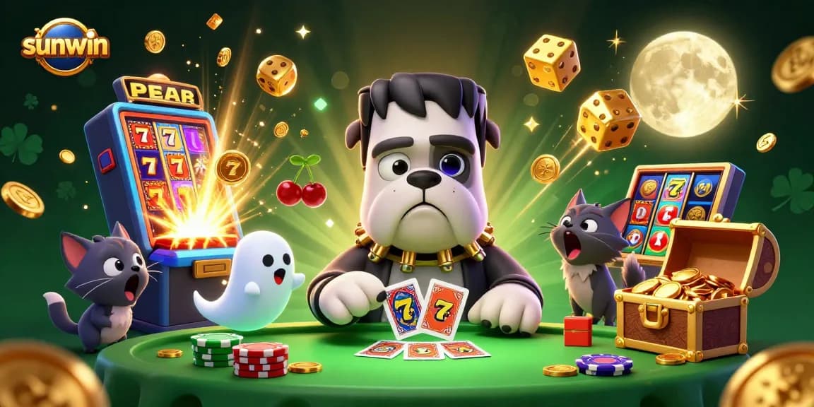 Join the fun with sunwin as a whimsical Frankenstein bulldog deals cards at a lively casino table.