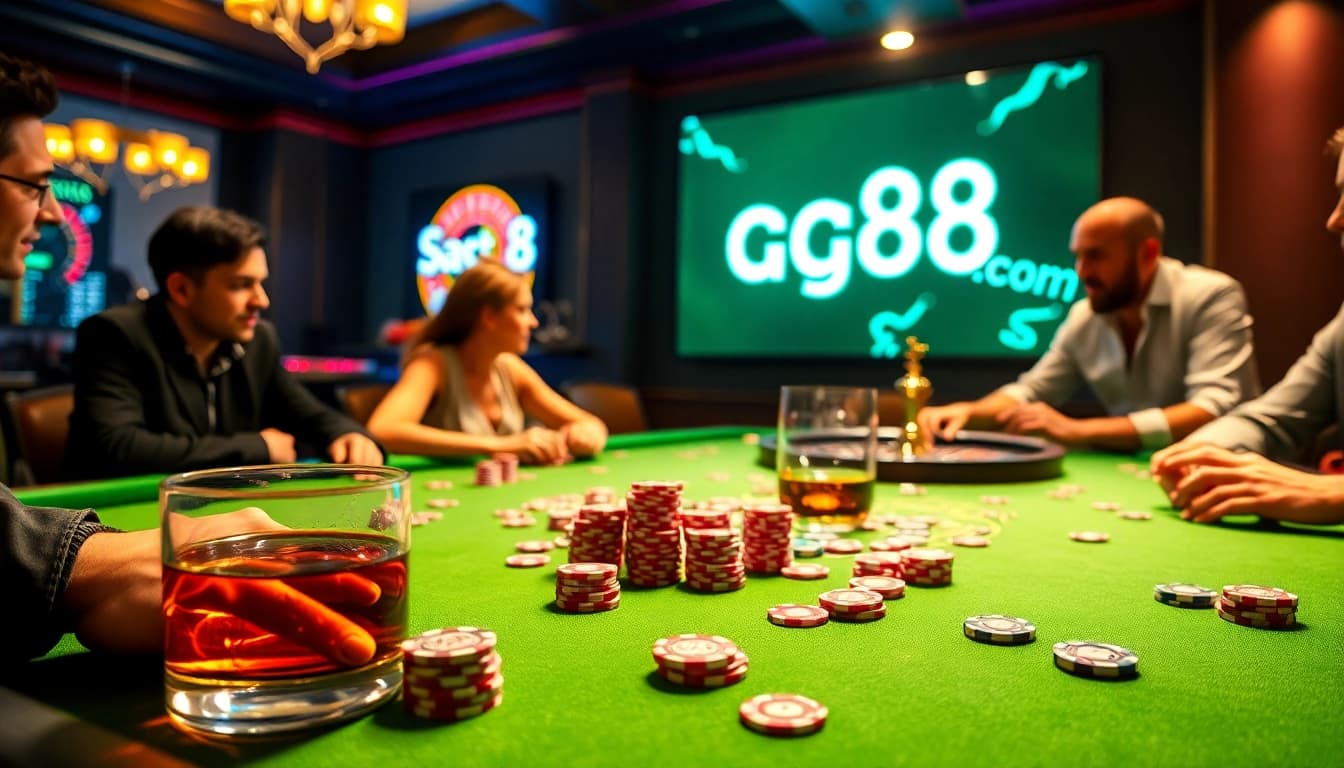 Experience the thrill of gambling at gg88 com with a vibrant casino scene featuring poker, roulette, and dynamic players.