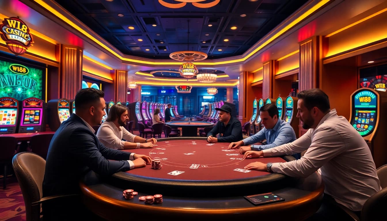 Engaged poker players at W188 casino table, surrounded by vibrant slot machines.