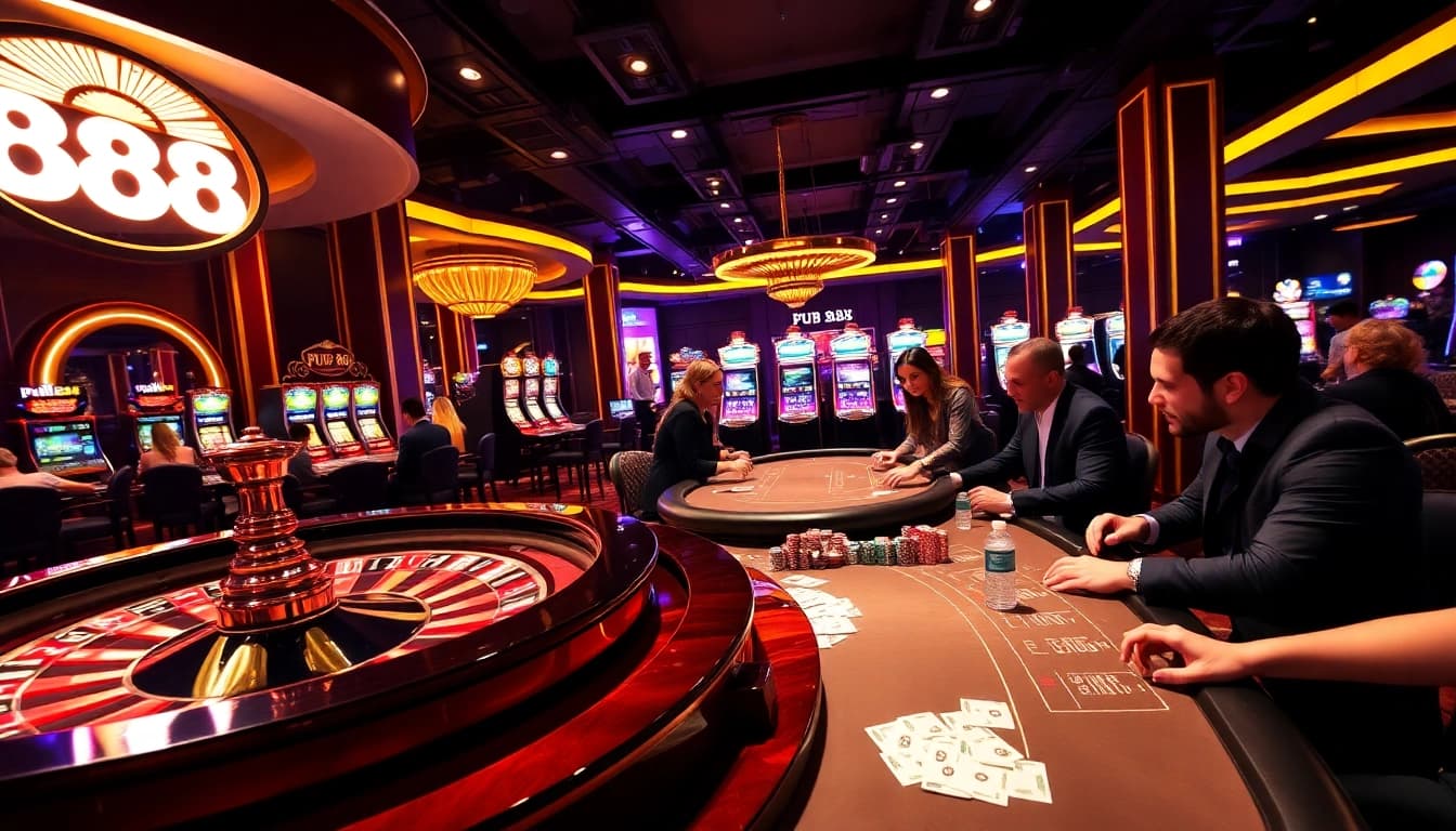 PUB 88's vibrant casino atmosphere with players at roulette and poker tables highlighting thrilling gambling moments.