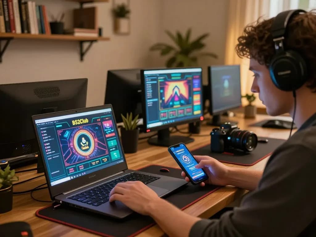B52Club online gaming experience at home with laptop and smartphone in action