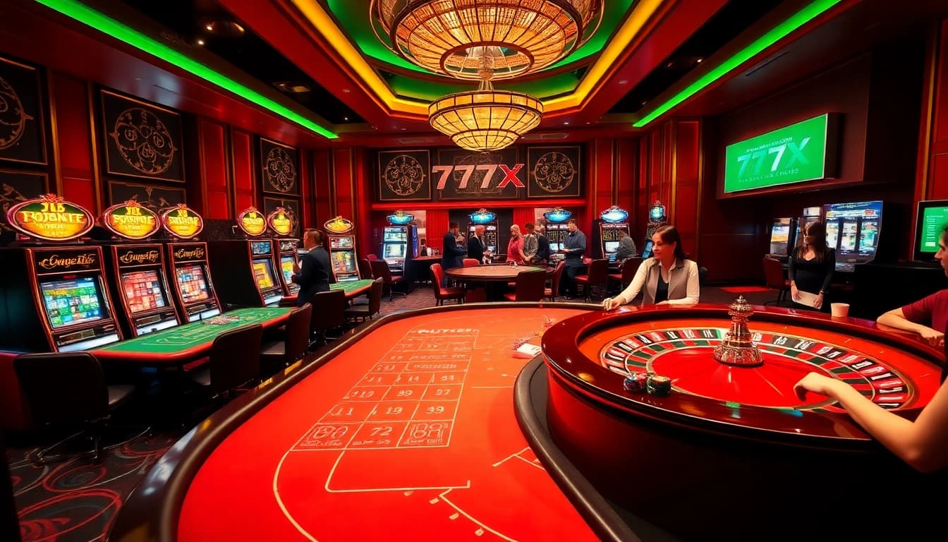 Experience the excitement of gambling at 777X with vibrant casino tables and slot machines.
