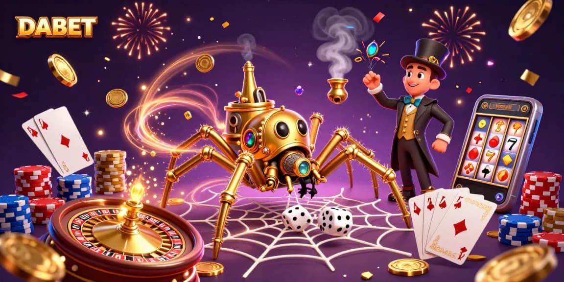 DABET gaming brings fortune with a rich 3D illustration of casino elements and characters.