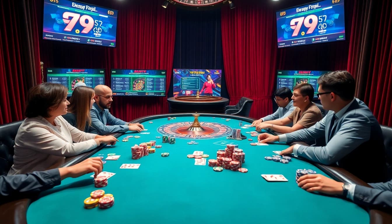 Engaging poker players at a luxurious casino showcasing 79king credit in action.