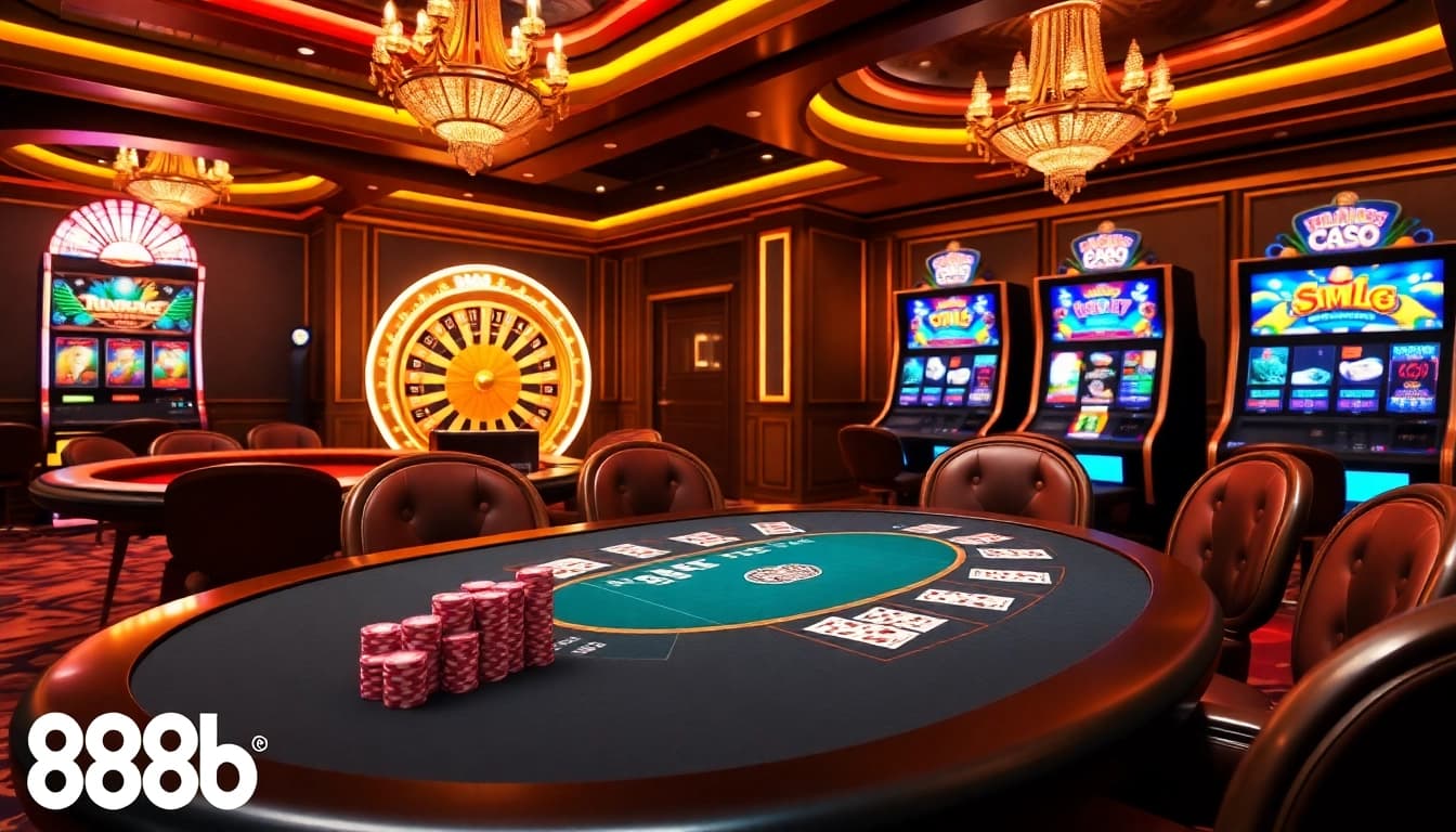 Experience the excitement of gaming at 888b with vibrant poker chips and lively casino tables.