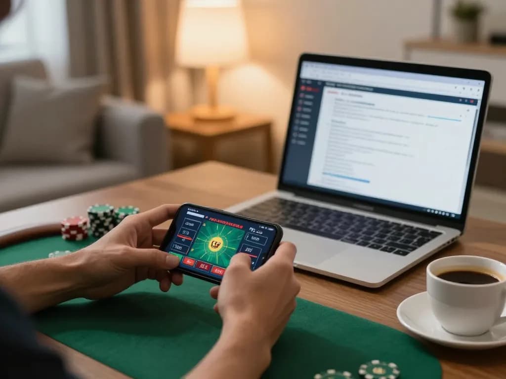 Link nhà cái Tic88 showcased through a player engaging in online poker using a smartphone in a cozy living room.