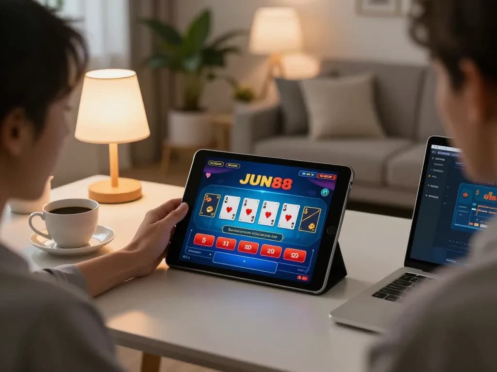 Engaged player using JUN88 tablet for strategic online casino gaming at home.