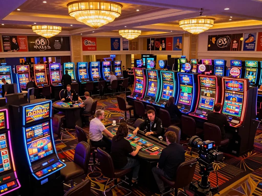 Players spin vibrant slots at a lively casino featuring O8 HAIR branding, showcasing thrilling gameplay.