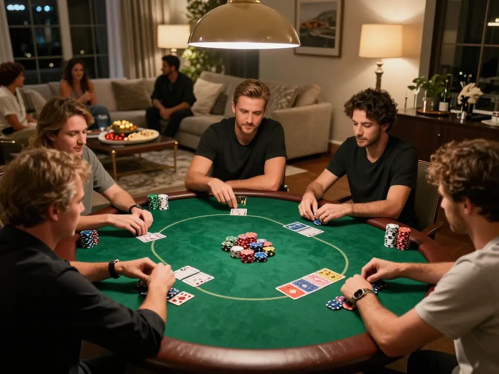 Players engaging in a strategic poker game at home while using J88. com for betting insights