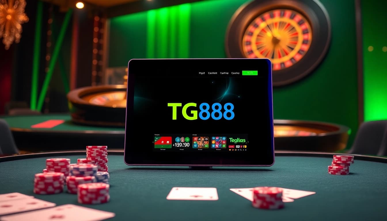 Engaging casino scene featuring nhà cái tg88 with poker chips and a vibrant roulette wheel.