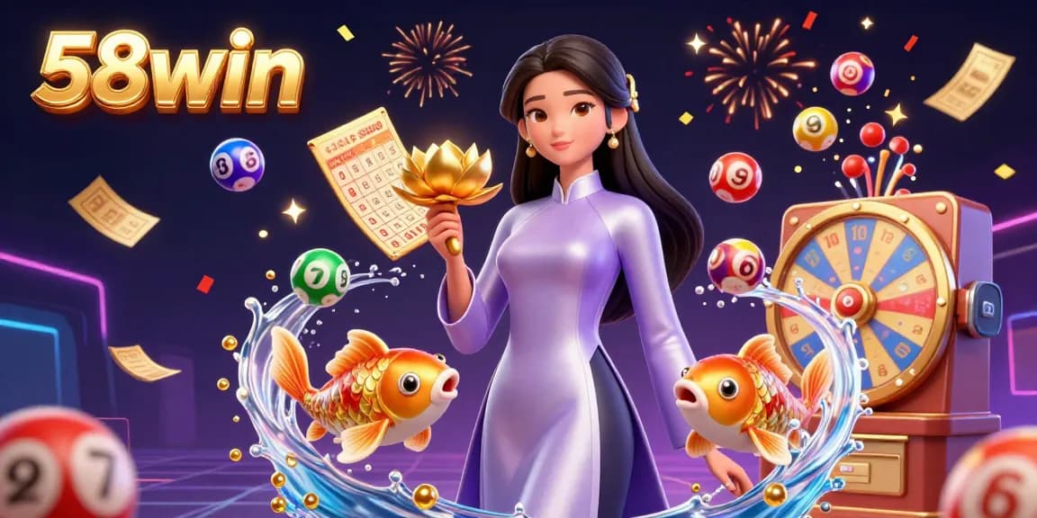 Engage with the vibrant world of 58win as you celebrate with dynamic lottery elements and an elegant woman.
