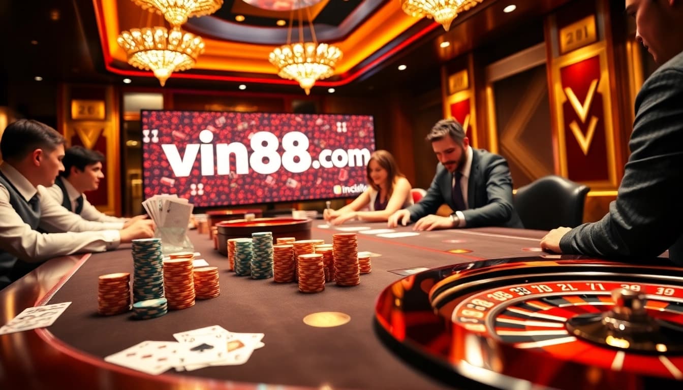 Experience thrilling high-stakes gaming at vin88 com with vibrant poker tables and colorful chips.