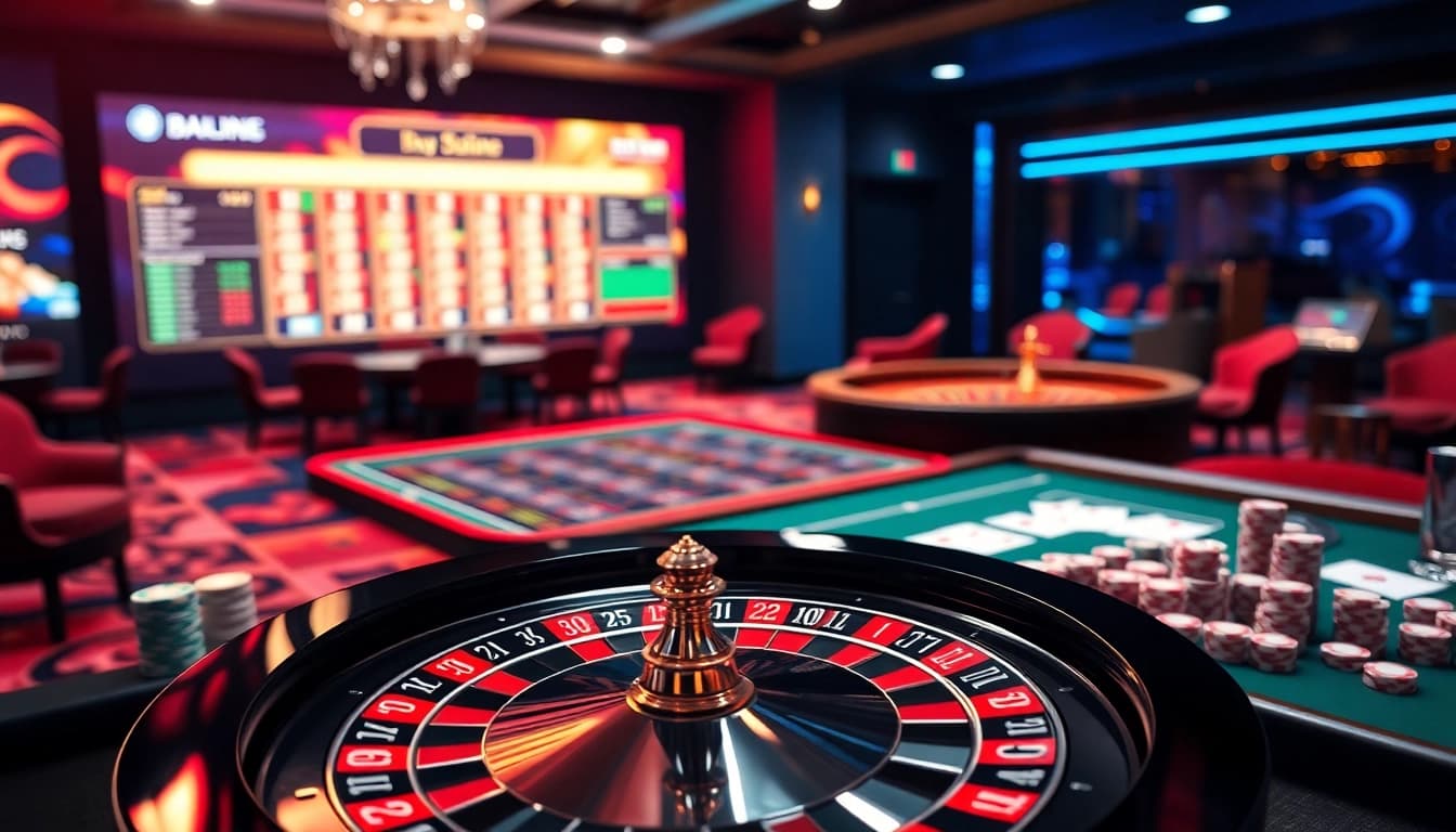 Exciting casino ambiance showcasing the thrill of gambling at https://lc88.co.com/ with poker tables and roulette wheels.