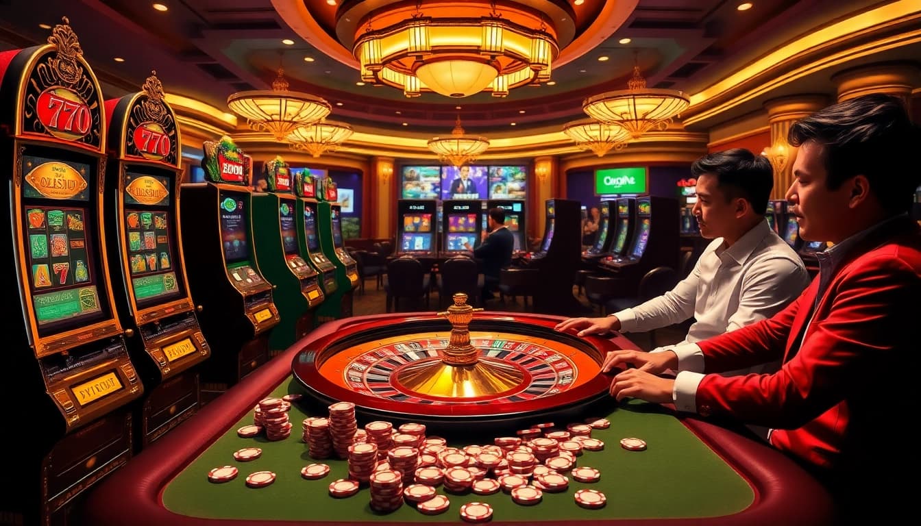 Casino excitement at https://nohu666.co.com/ with vibrant slot machines and roulette wheel.