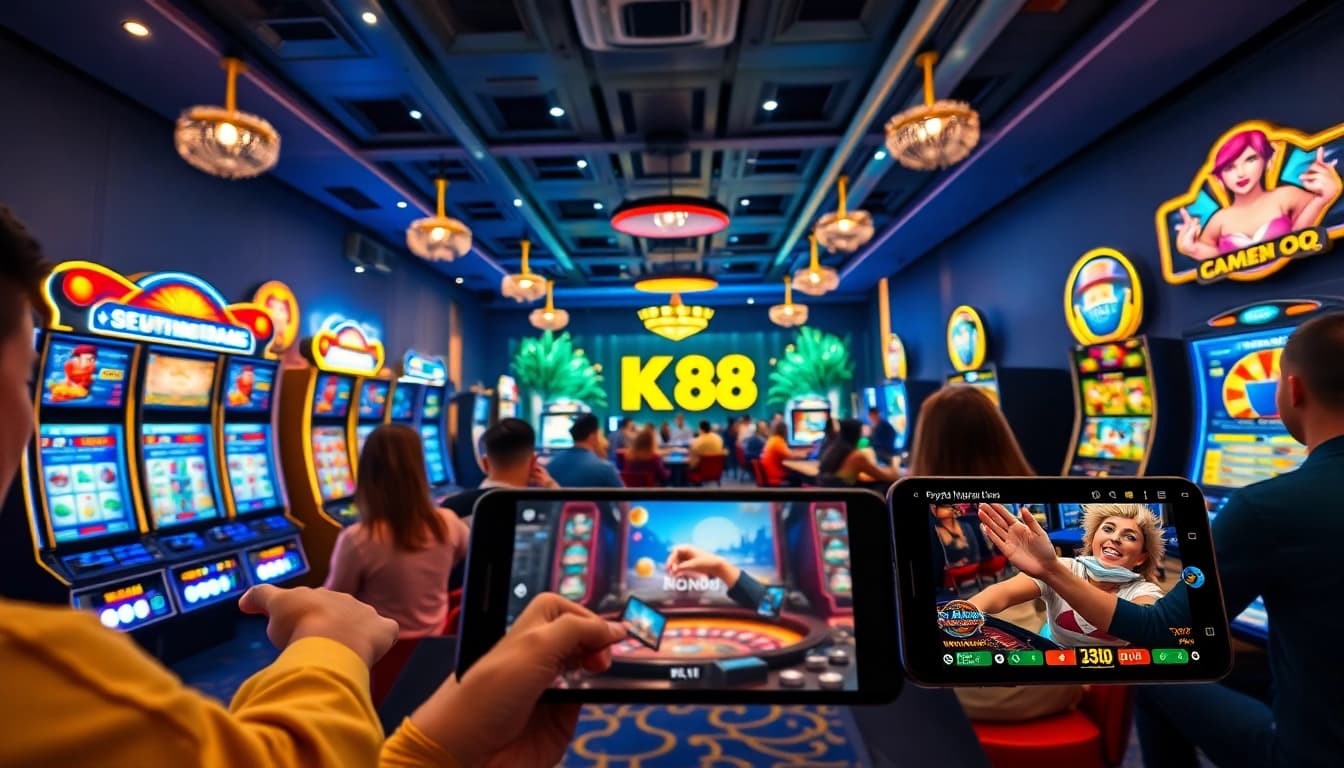NK88 nhà cái brand displayed in a lively online gaming environment featuring diverse games and players.