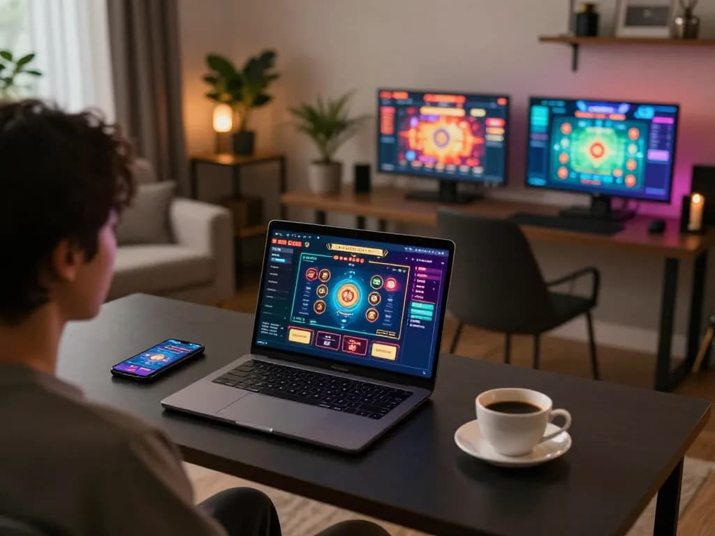 Engaging online gaming setup showcasing https://fabet.credit/ on laptop screen, depicting strategic home casino experience