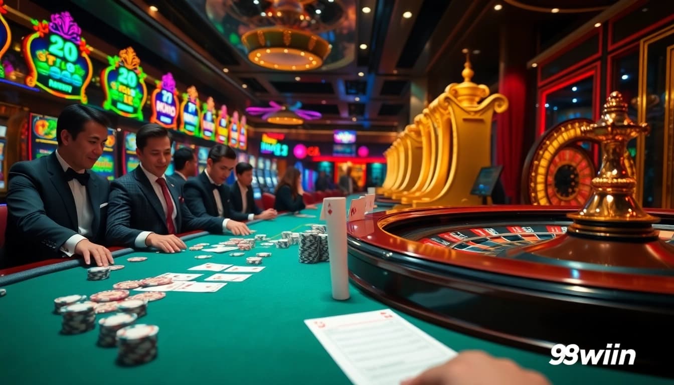 Betting action at a luxurious casino highlighting the excitement of 98win with poker chips and roulette.