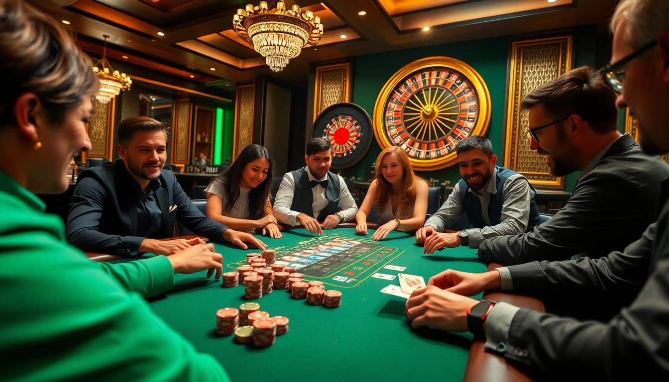 Experience the thrill of 789BET with energized players at a poker table in a luxurious casino setting.