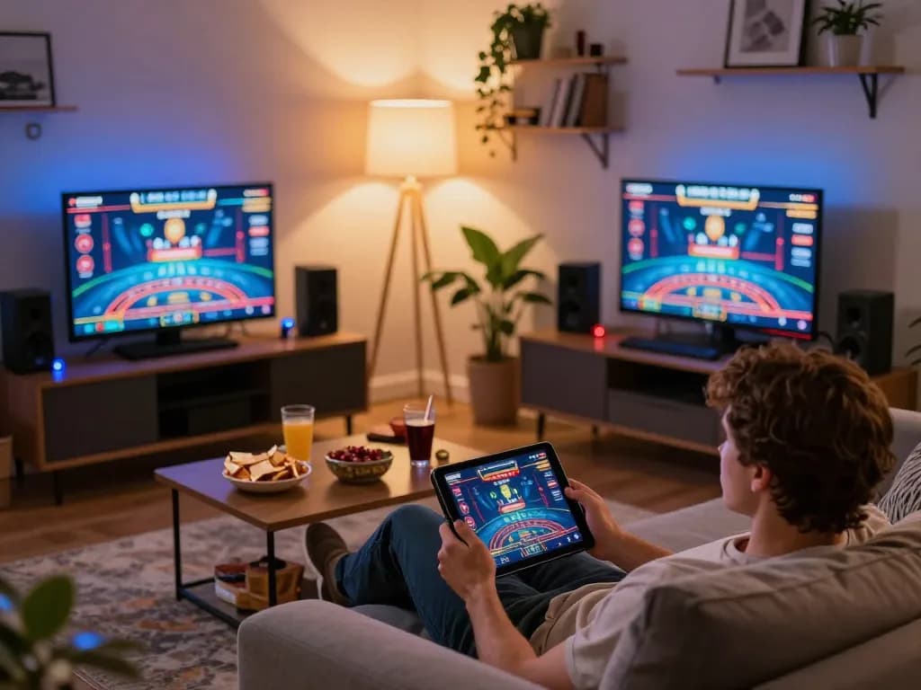 Engaging in online casino gameplay on fb88 from a cozy home setup with tablet and snacks.