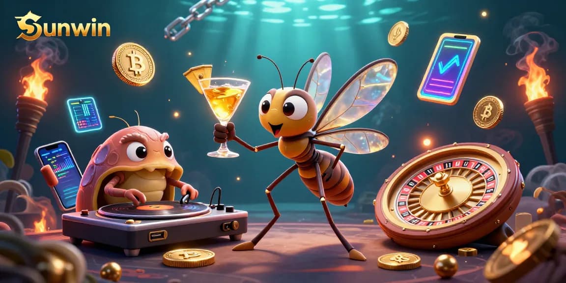 Engage with Sunwin in a vibrant casino scene featuring an animated mosquito mascot and thrilling gaming elements.