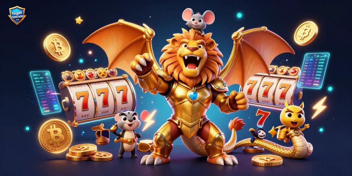 Engage with togel online through vibrant 3D art featuring a triumphant chimera and dynamic slot game elements.