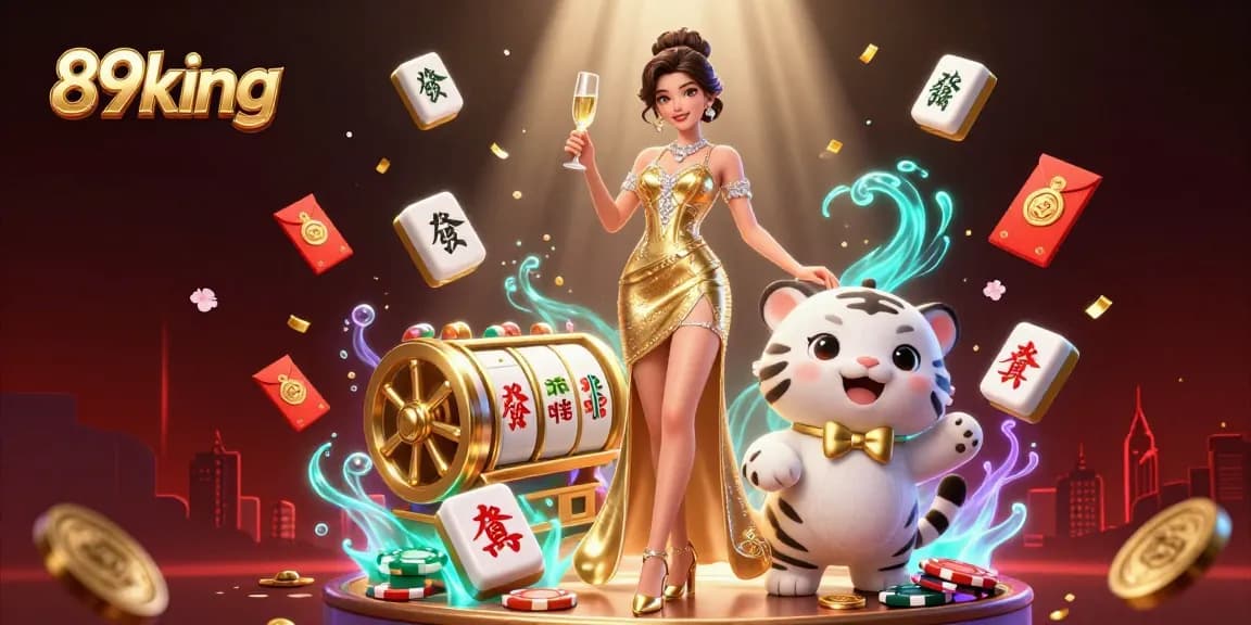 Experience the thrill of 89king with an engaging gaming scene featuring a glamorous woman and a lucky tiger cub.
