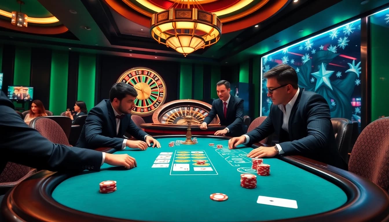 Players enjoying a thrilling poker game at 13win.com surrounded by luxurious casino elements.