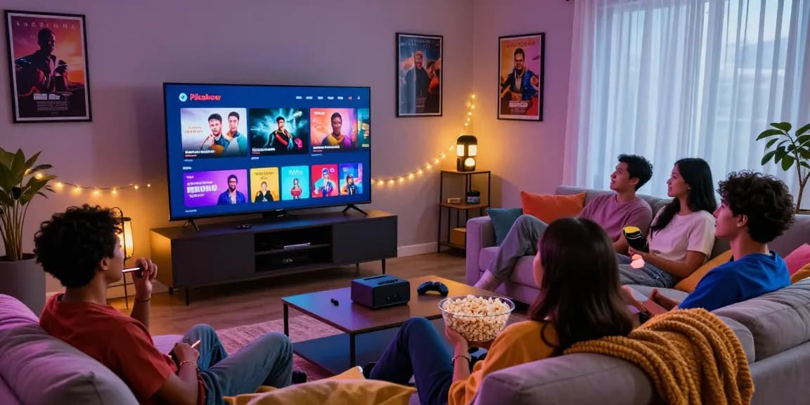 Enjoying movie night with pikashow apk download on a smart TV with friends in a cozy living room.