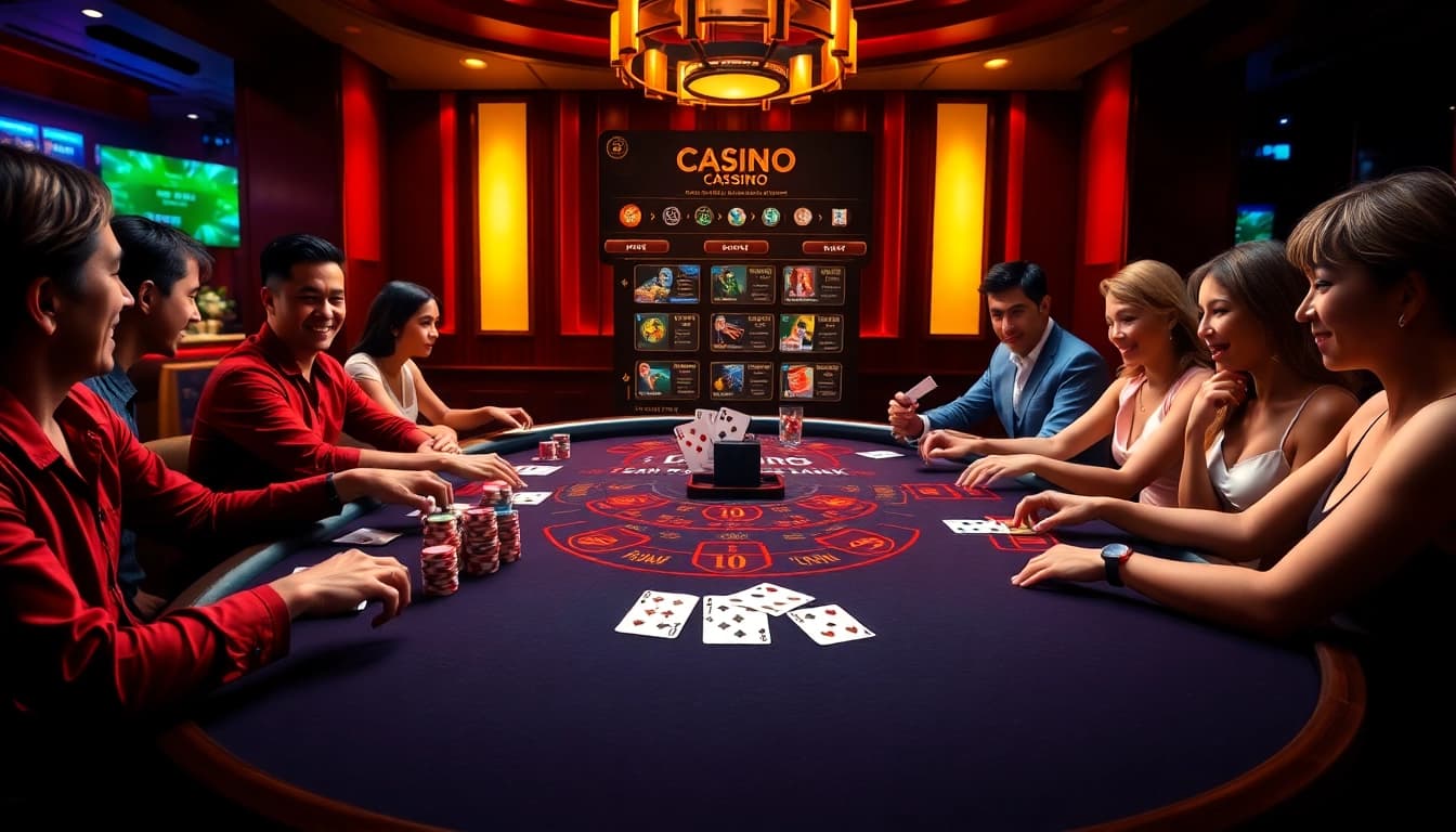 Engage with thrilling games at https://98winmb.com/, showcasing a lively casino scene with players enjoying blackjack.