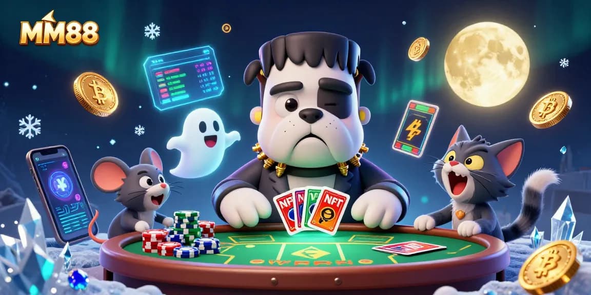 Engage in thrilling card games at MM88's ghostly casino with vibrant cryptocurrency elements.