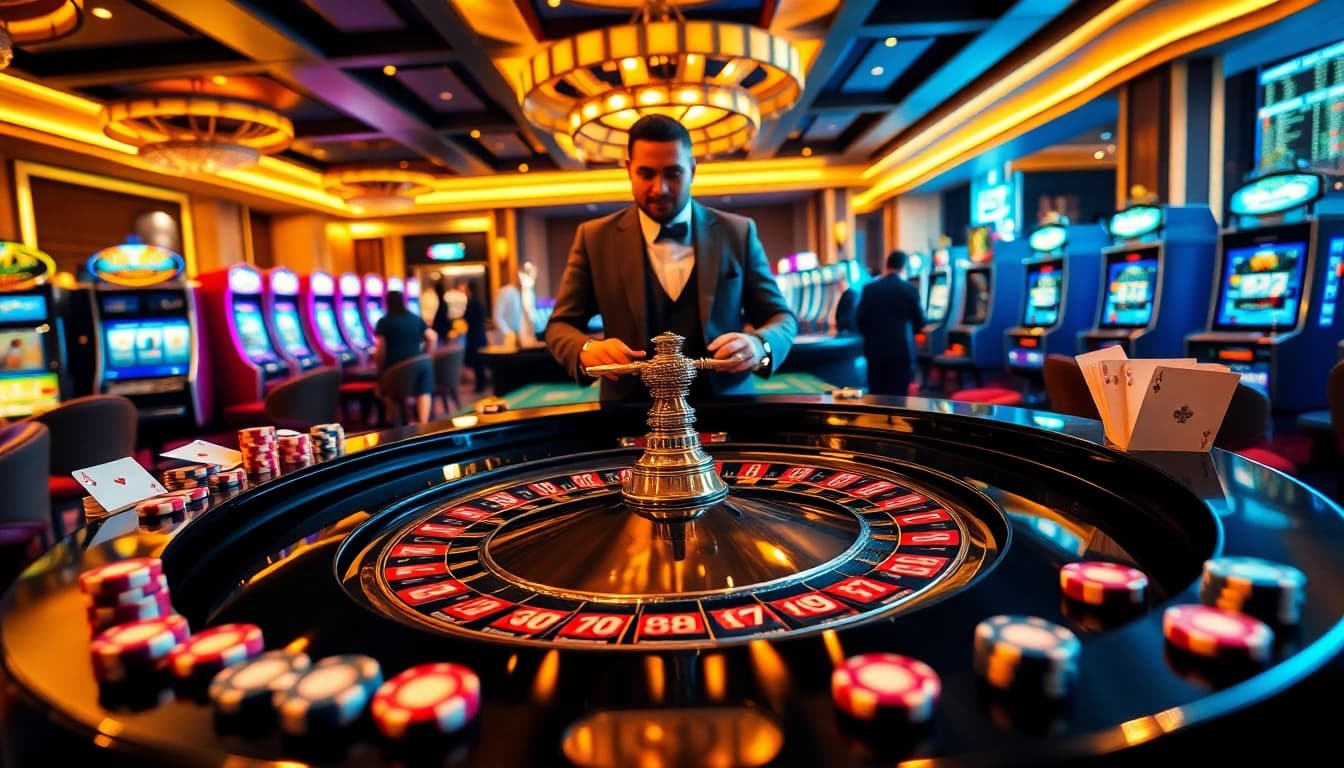 Experience the thrill of LC88 at a vibrant casino scene with roulette and poker chips.